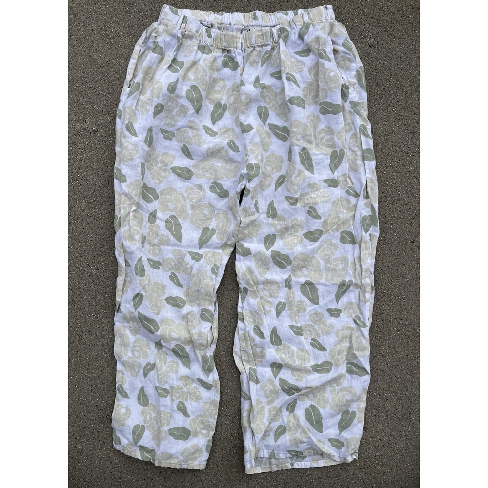Flax Linen Cropped Loose Leaves Floral Pants Pull On Size Large